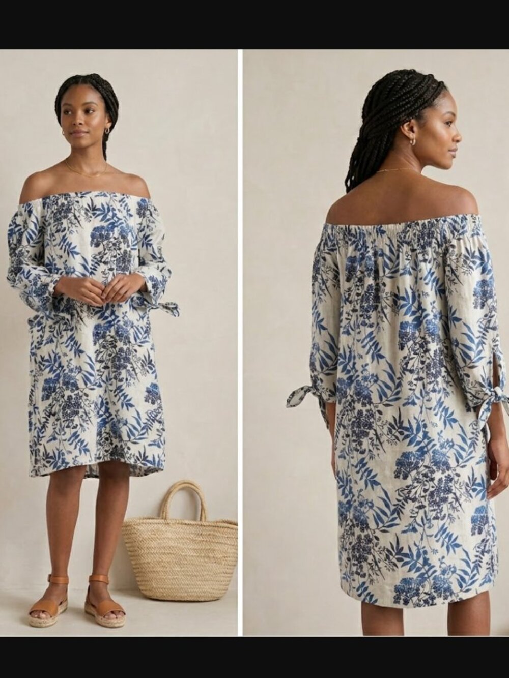 2/$100 Valentina Naldi Italy 100% Linen Off the Shoulder Blue Floral Dress SZ L
